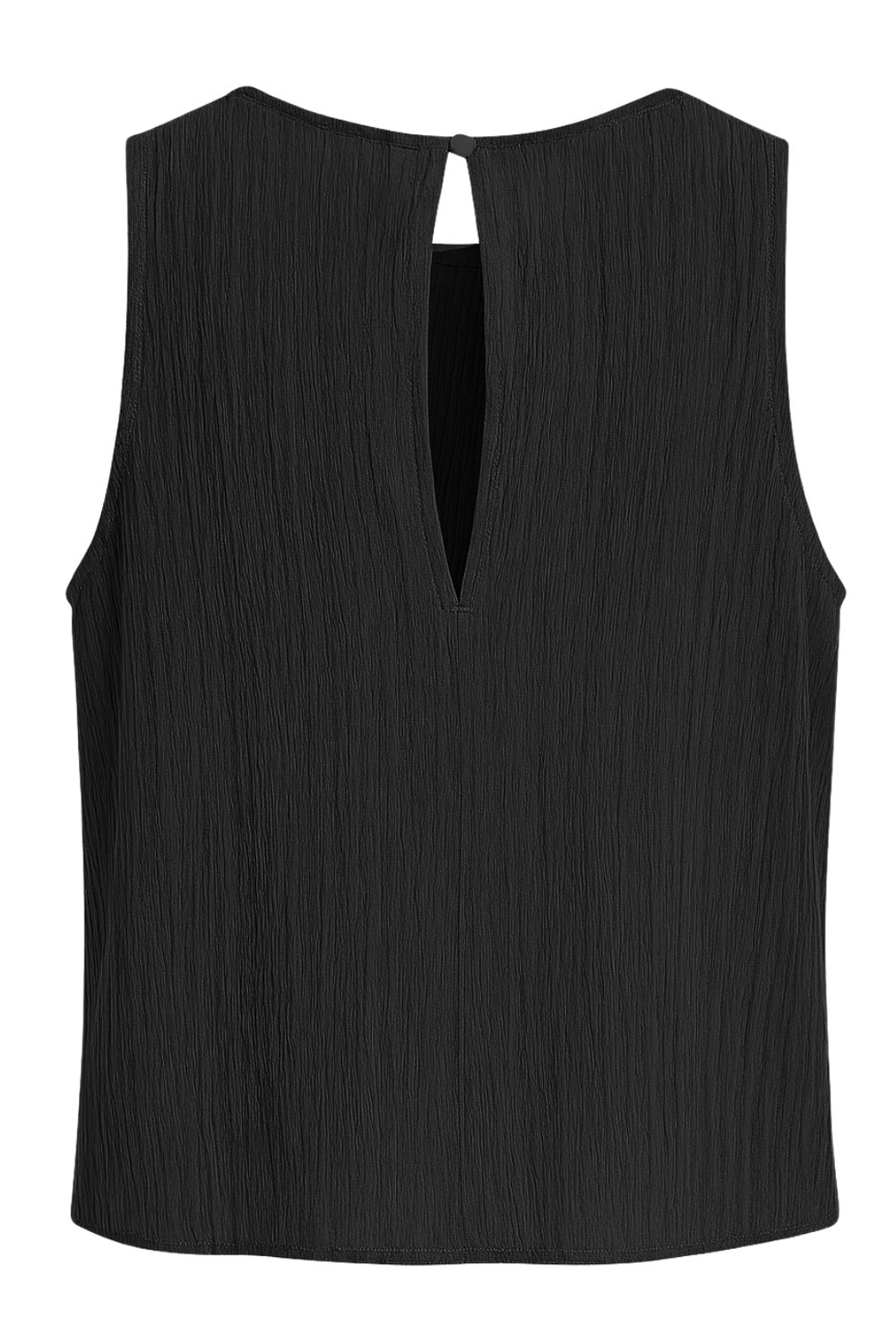 Top halter de fit recto, cuello fluido, sin mangas, cierre posterior con botón y ojal.