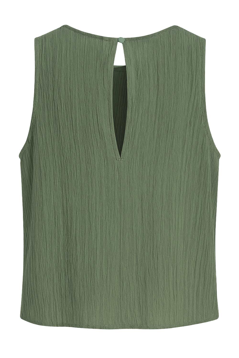 Top halter de fit recto, cuello fluido, sin mangas, cierre posterior con botón y ojal.