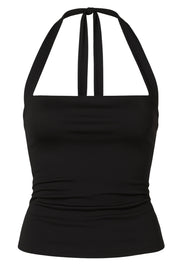Top de fit ajustado, escote recto y cuello halter con nudo amarrable posterior.