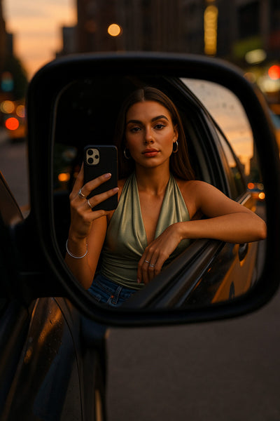 Top halter metálico de fit ajustado, escote fluido, sin mangas y detalles plisados posteriores.