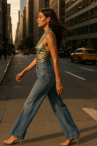 Top halter metálico de fit ajustado, escote fluido, sin mangas y detalles plisados posteriores.