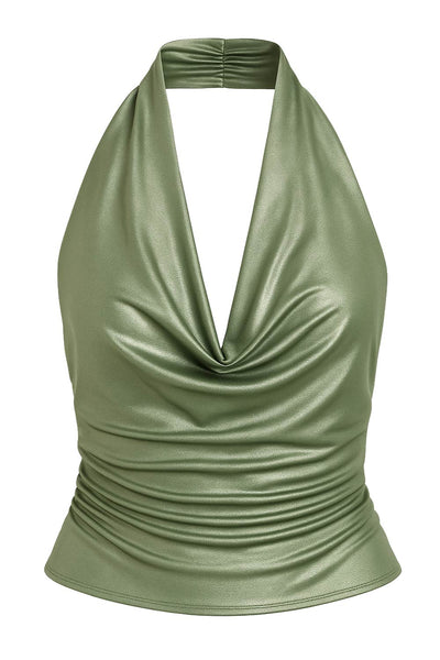 Top halter metálico de fit ajustado, escote fluido, sin mangas y detalles plisados posteriores.