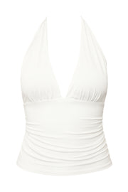 Top ajustado de cuello halter con lazado amarrable posterior, escote v con cortes y plisados frontales, escote en espalda y plisados en costados.