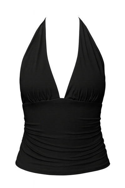 Top ajustado de cuello halter con lazado amarrable posterior, escote v con cortes y plisados frontales, escote en espalda y plisados en costados.