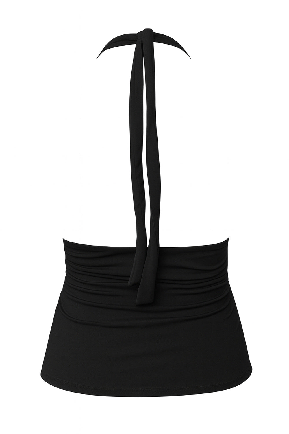 Top ajustado de cuello halter con lazado amarrable posterior, escote v con cortes y plisados frontales, escote en espalda y plisados en costados.