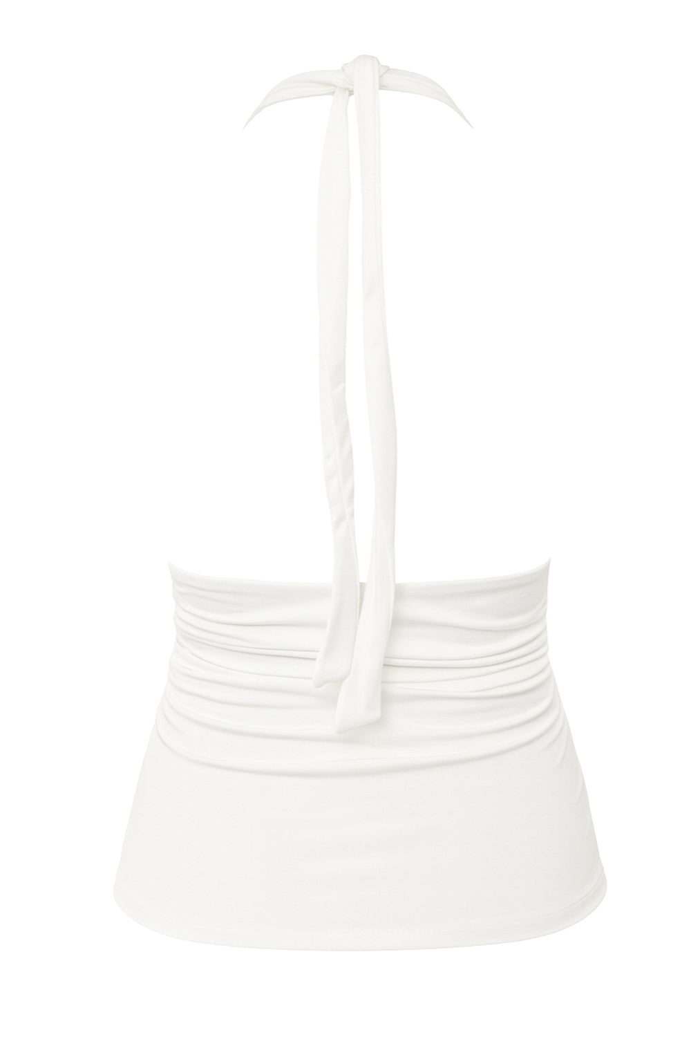 Top ajustado de cuello halter con lazado amarrable posterior, escote v con cortes y plisados frontales, escote en espalda y plisados en costados.