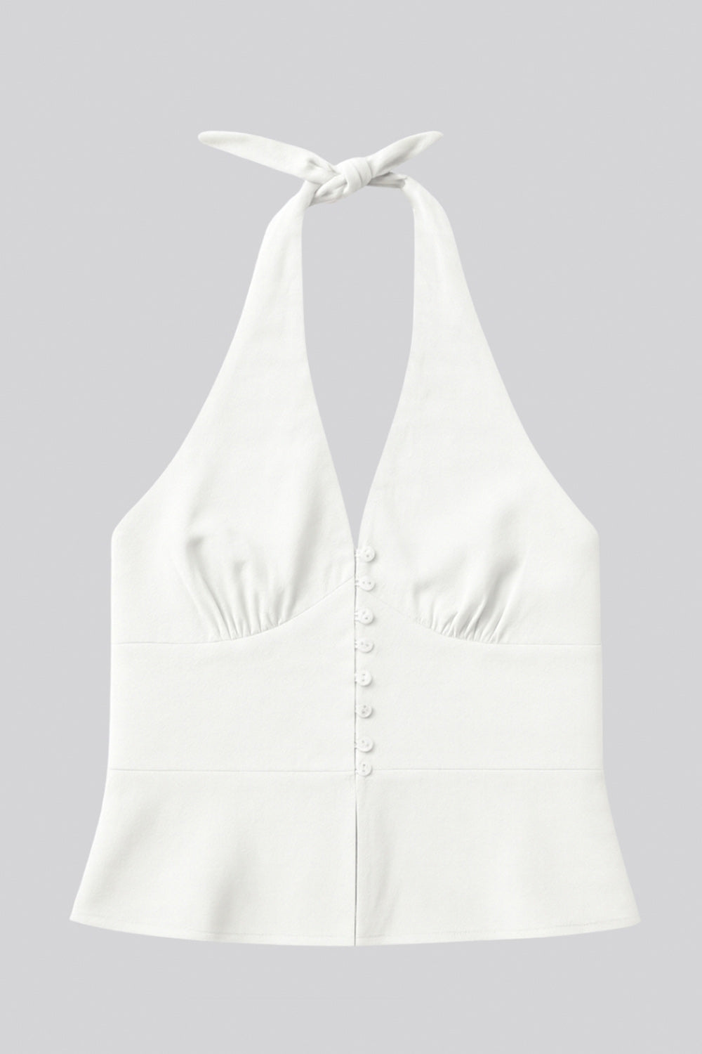 Top corto de cuello halter con nudo amarrable posterior, escote v con cortes y plisados decorativos frontales, fit ajustado, escote en espalda con fruncido posterior, cierre frontal con hilera de botones y abertura en bajo.