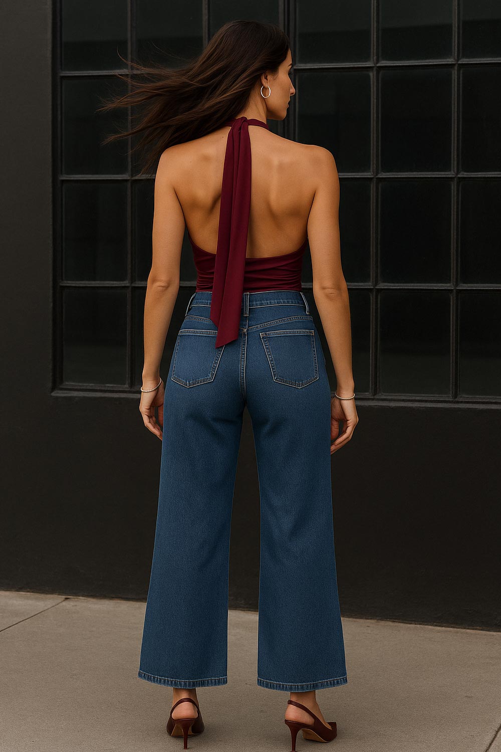 Top corto halter de fit ajustado, escote v cruzado con cortes, plisados decorativos y lazo amarrable posterior.