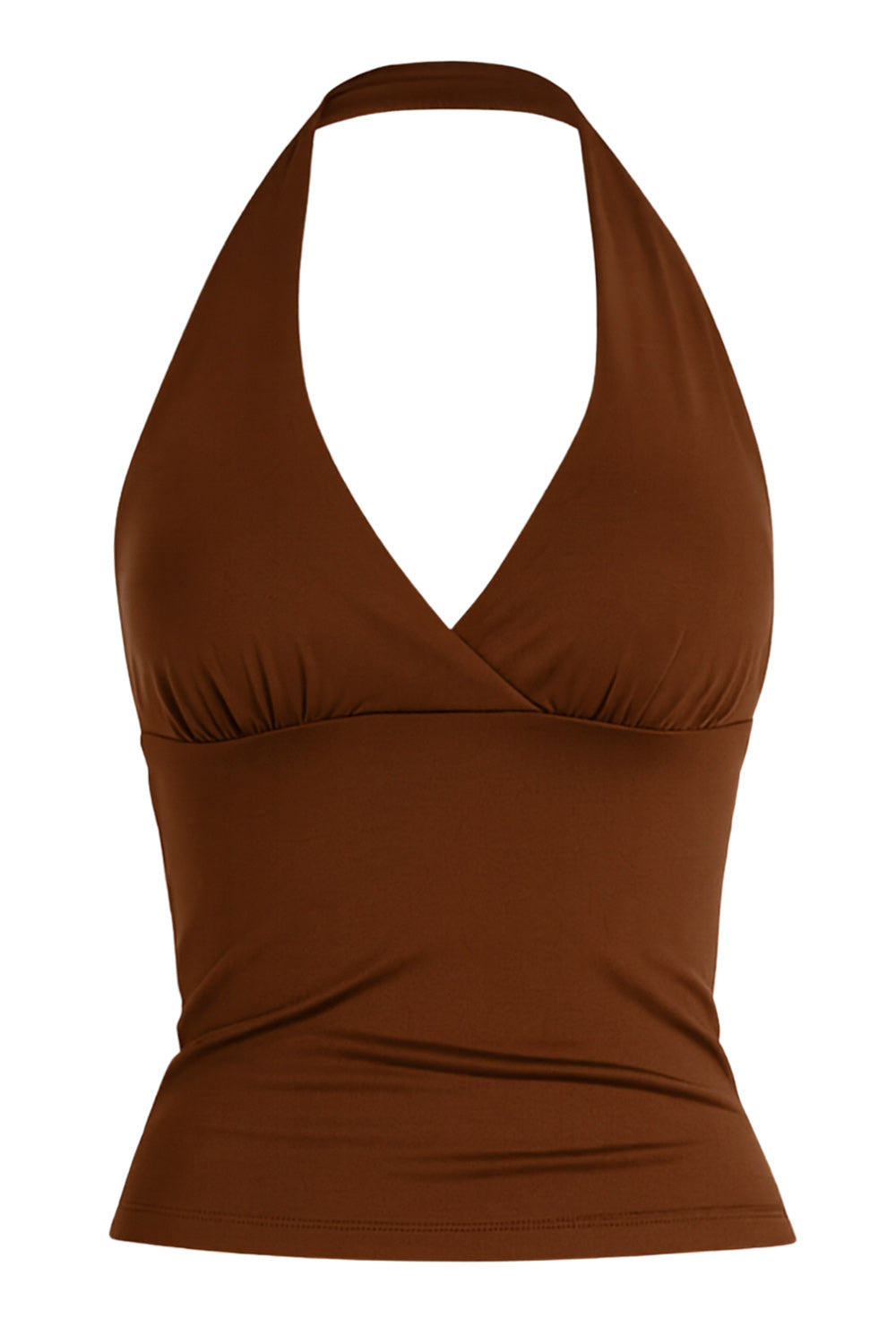 Top corto halter de fit ajustado, escote v cruzado con cortes, plisados decorativos y lazo amarrable posterior.