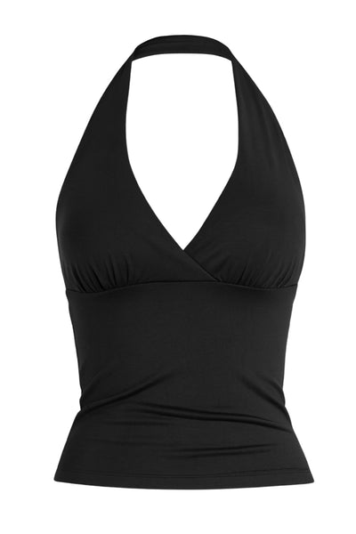 Top corto halter de fit ajustado, escote v cruzado con cortes, plisados decorativos y lazo amarrable posterior.