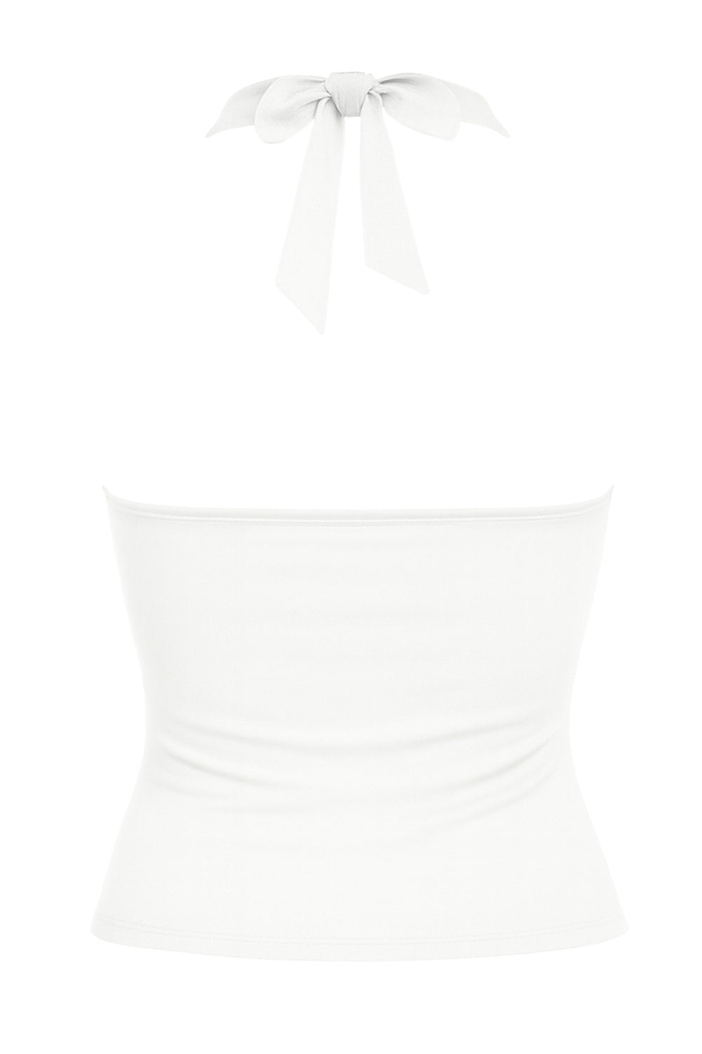 Top corto halter de fit ajustado, escote v cruzado con cortes, plisados decorativos y lazo amarrable posterior.