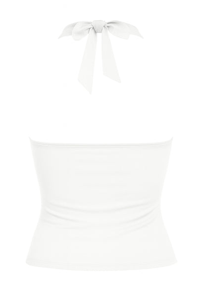 Top corto halter de fit ajustado, escote v cruzado con cortes, plisados decorativos y lazo amarrable posterior.