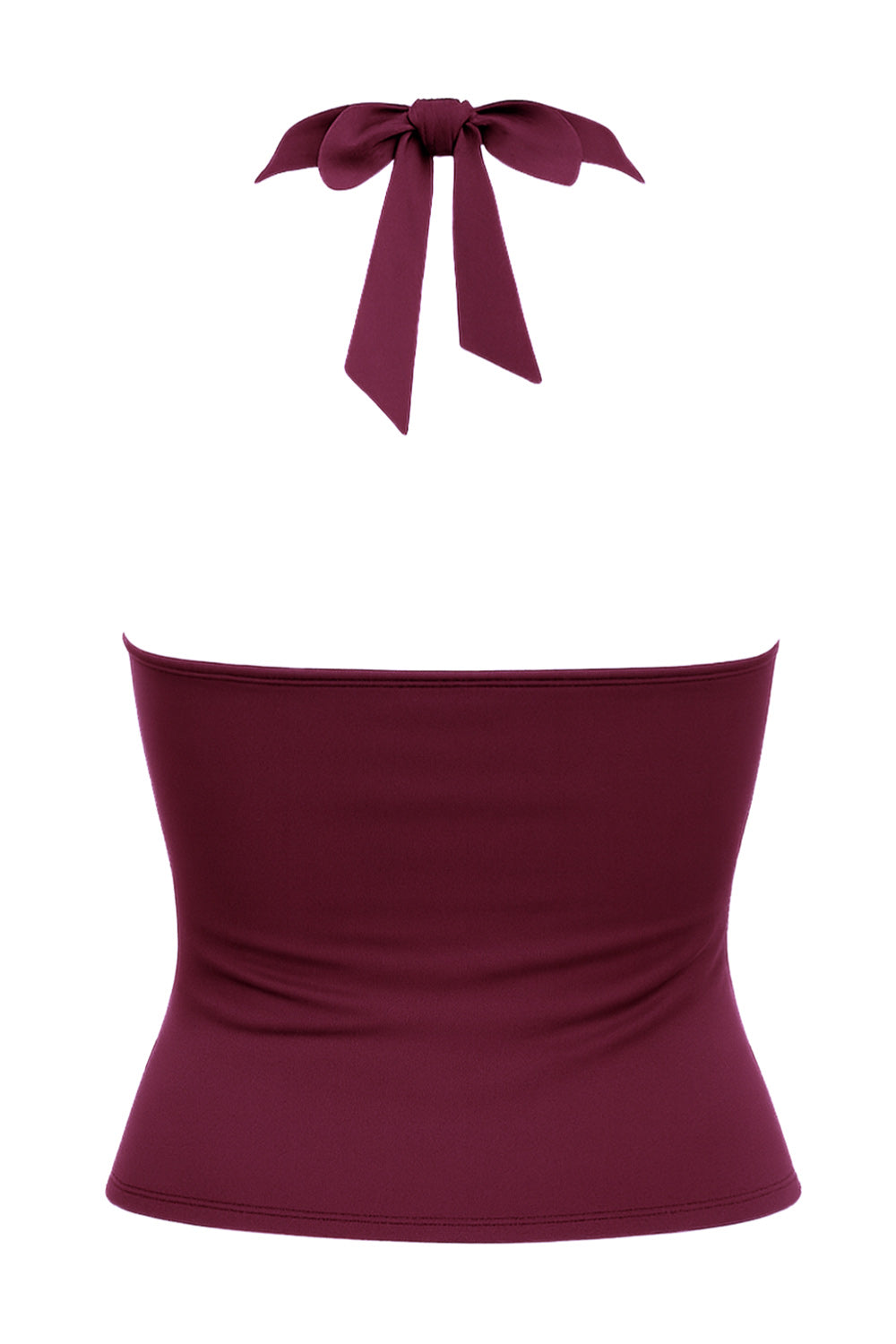 Top corto halter de fit ajustado, escote v cruzado con cortes, plisados decorativos y lazo amarrable posterior.