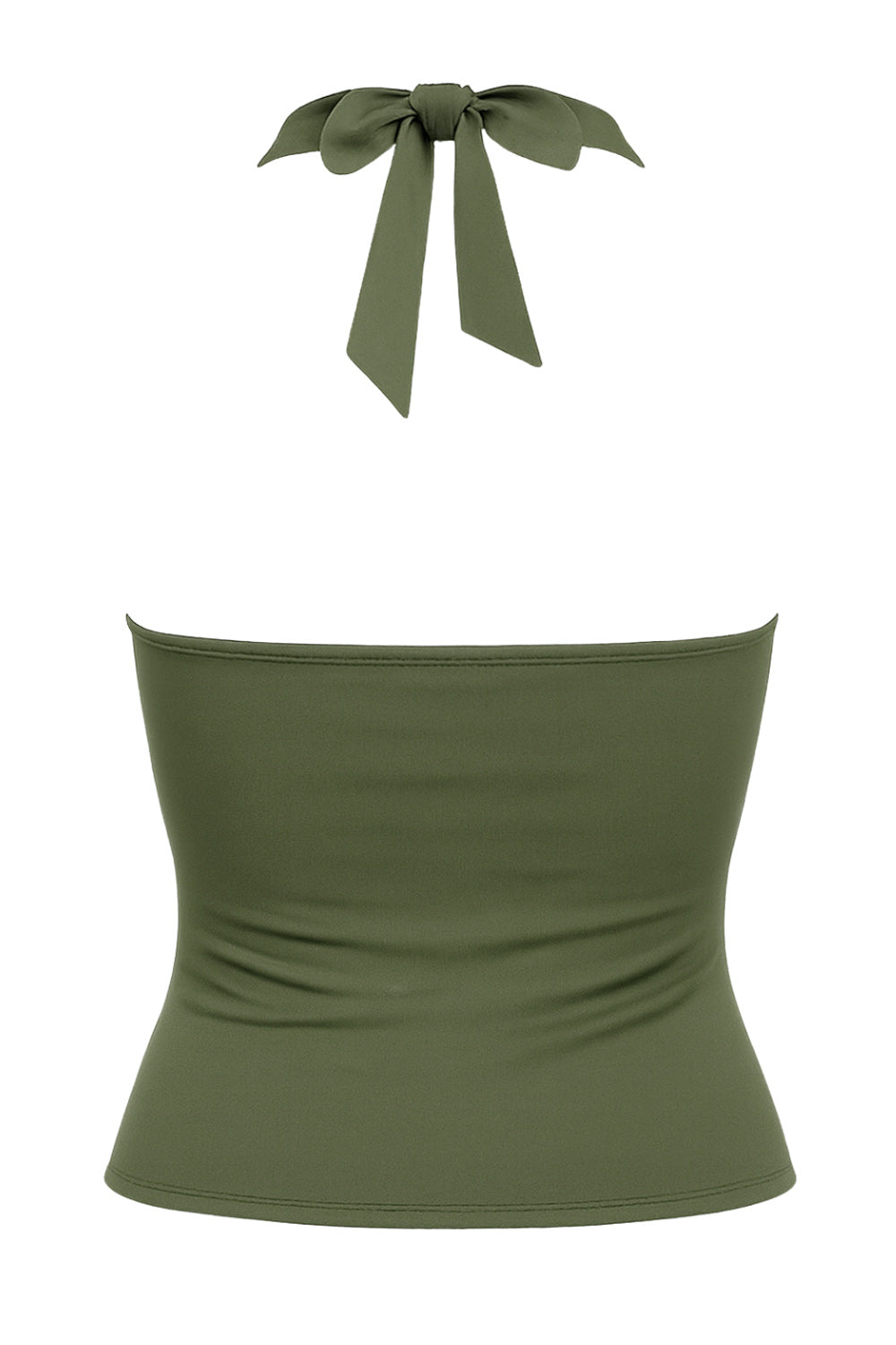 Top corto halter de fit ajustado, escote v cruzado con cortes, plisados decorativos y lazo amarrable posterior.