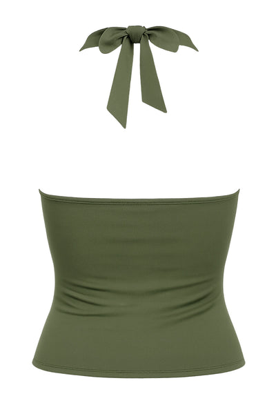 Top corto halter de fit ajustado, escote v cruzado con cortes, plisados decorativos y lazo amarrable posterior.