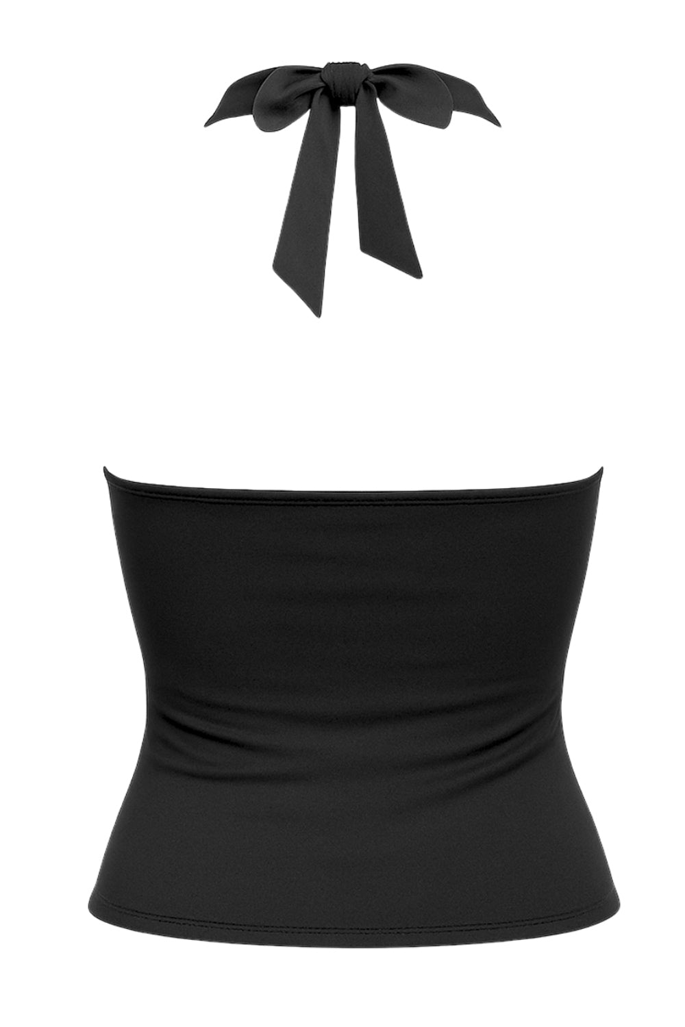 Top corto halter de fit ajustado, escote v cruzado con cortes, plisados decorativos y lazo amarrable posterior.