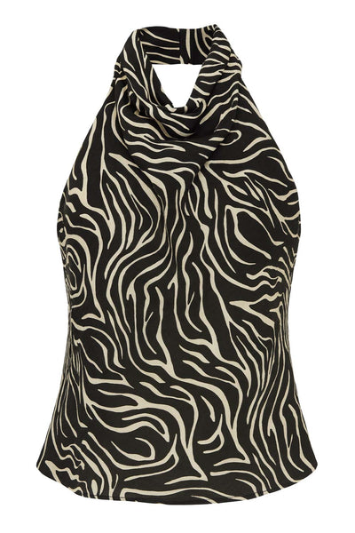 Top corto halter estampado de cuello alto fluido, fit recto, escote en espalda, cierre posterior con botón y ojal.