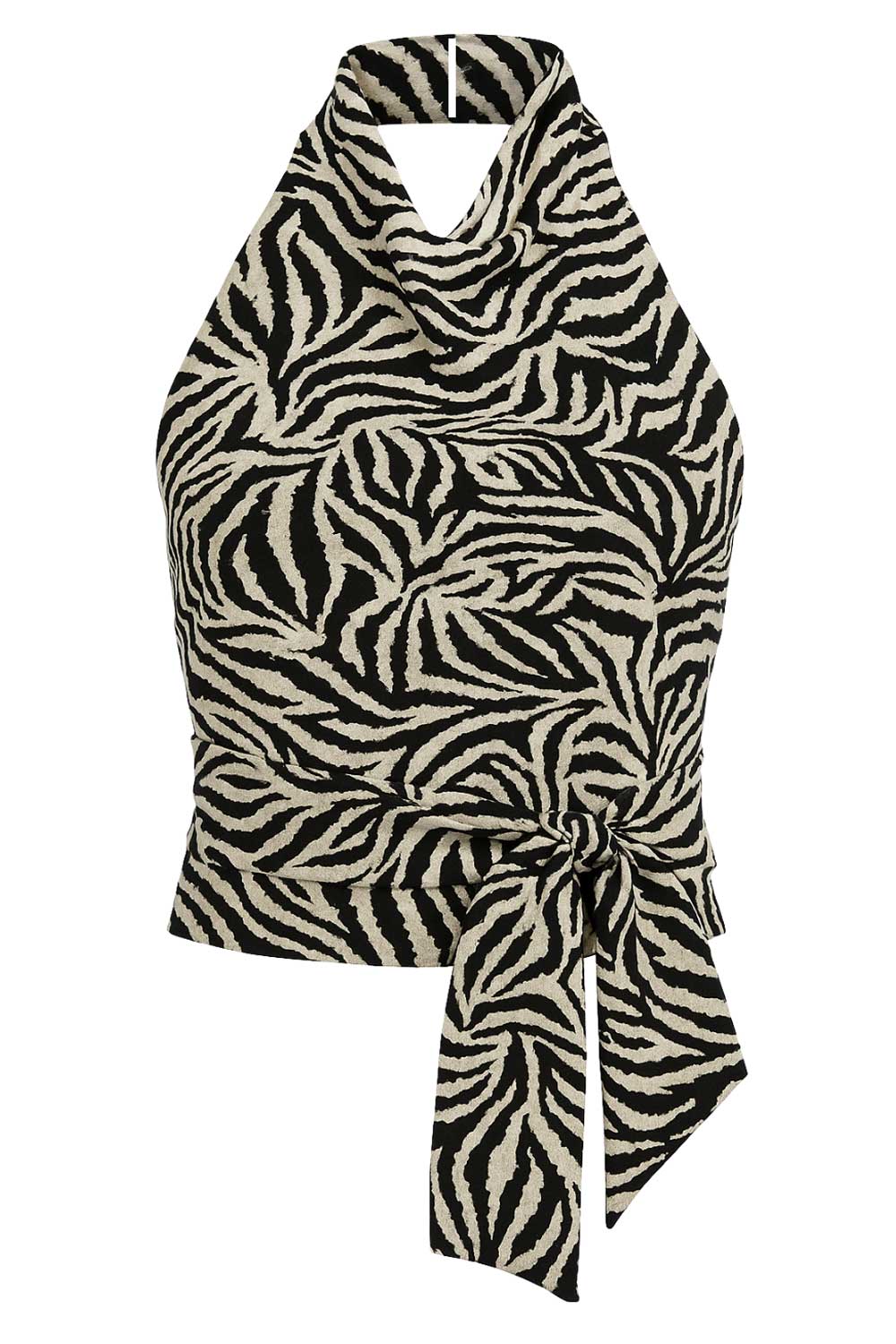 Top corto halter estampado de cuello alto fluido, fit recto, escote en espalda, cierre posterior con botón y ojal.