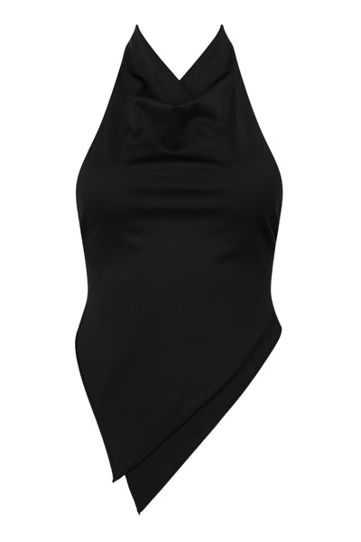 Top asimétrico de fit ajustado, cuello halter con escote fluido, sin mangas, bajo asimétrico frontal, escote en espalda y cierre posterior con lazo amarrable.