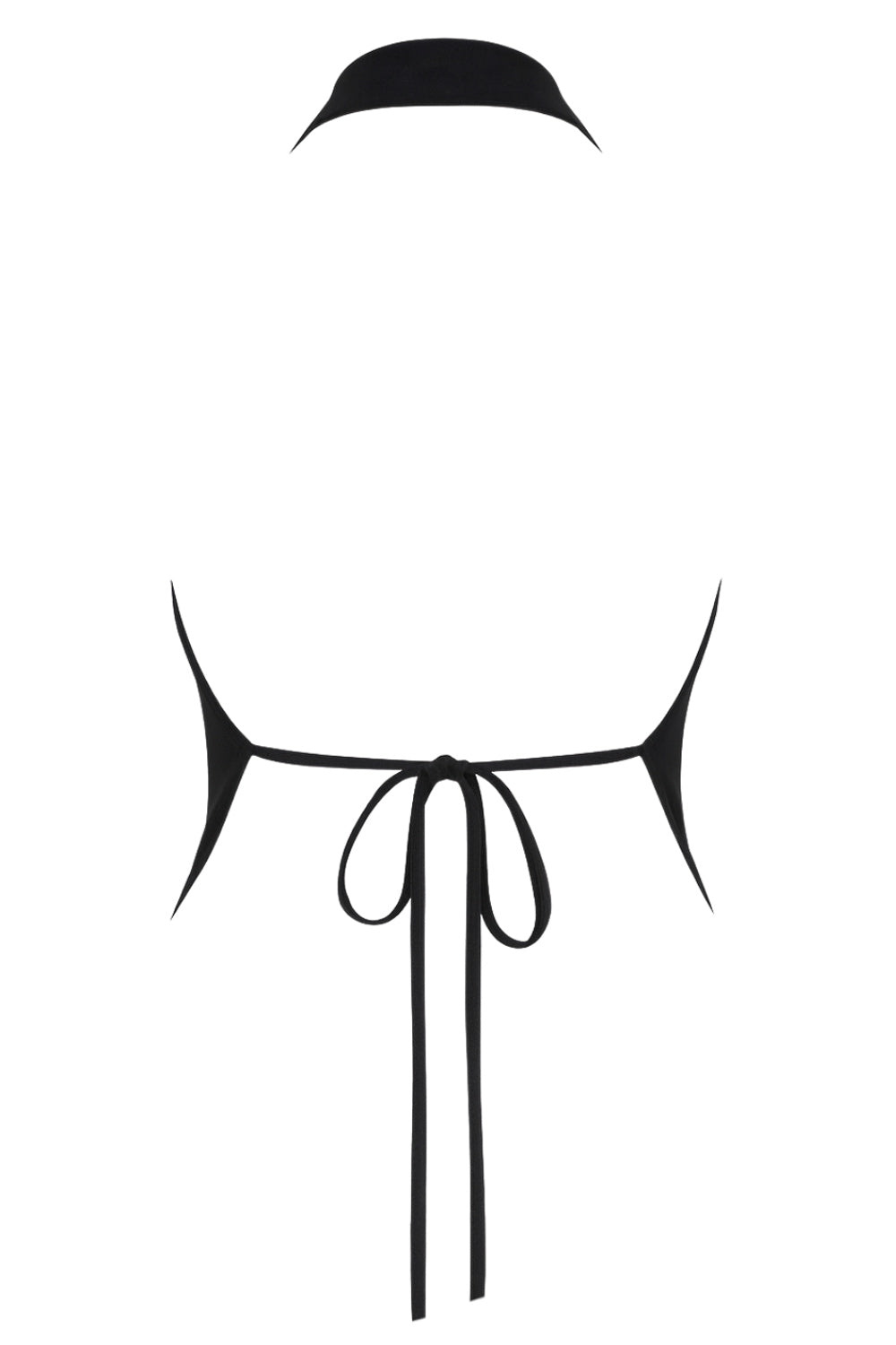 Top asimétrico de fit ajustado, cuello halter con escote fluido, sin mangas, bajo asimétrico frontal, escote en espalda y cierre posterior con lazo amarrable.