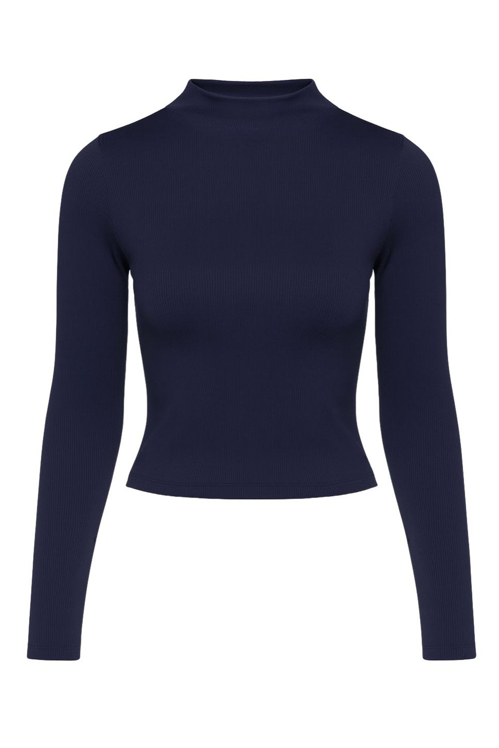 Top básico de canalé, fit ajustado, cuello mock seguido y manga larga.