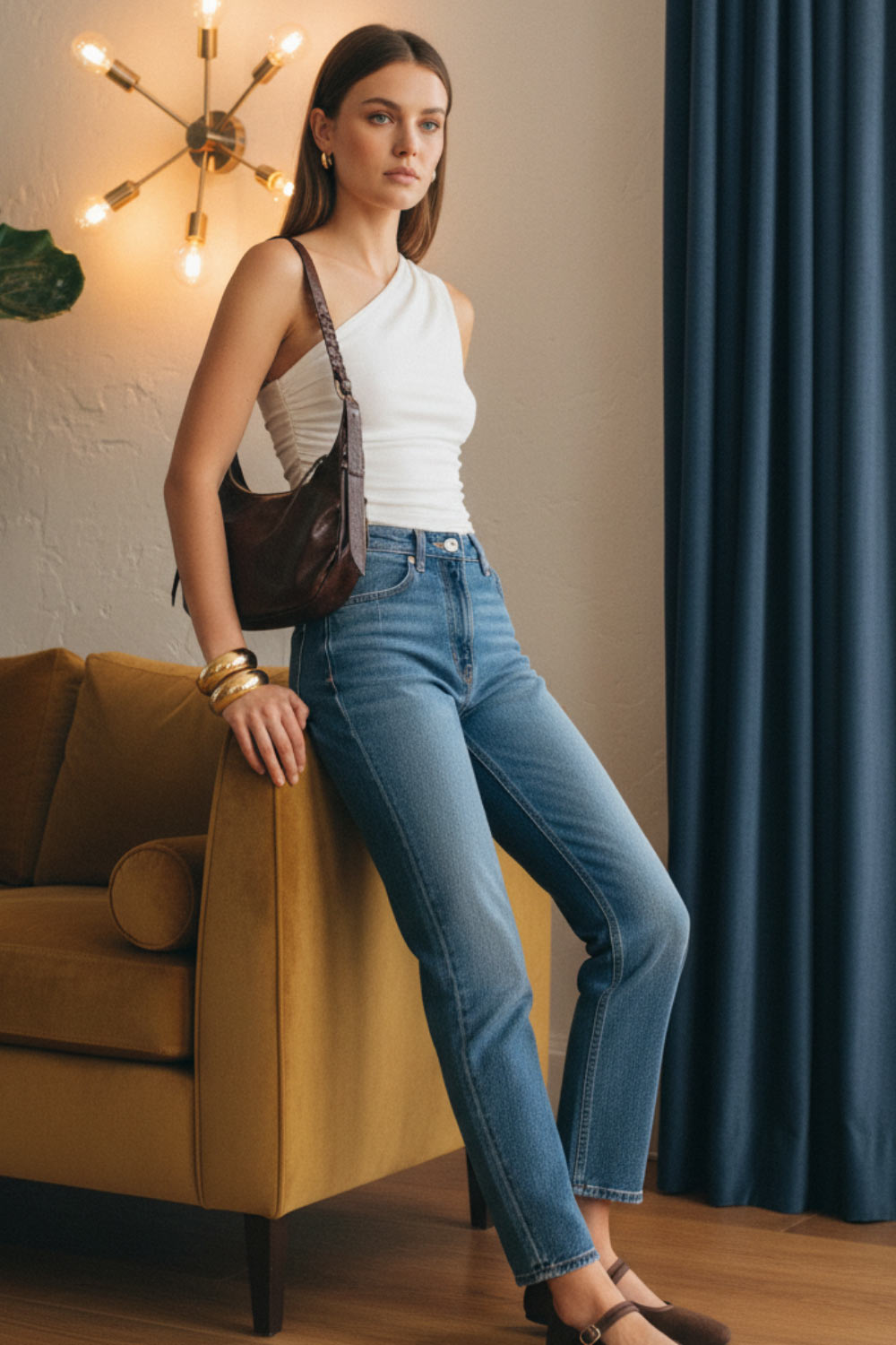 Top asimétrico de fit ajustado, un hombro con plisados, escote diagonal y plisados decorativos laterales.