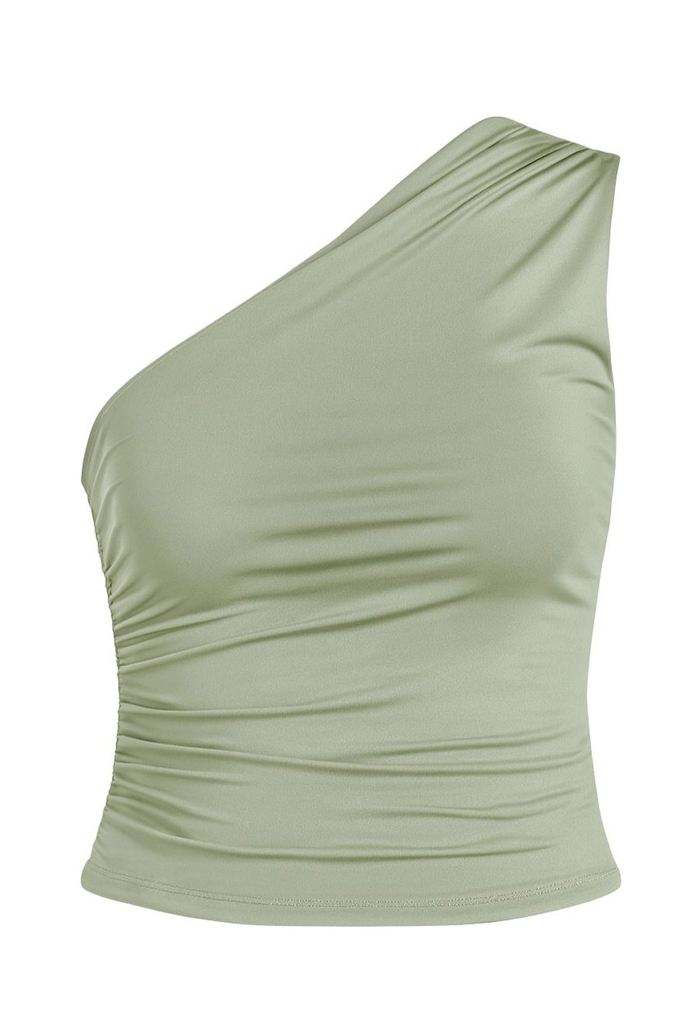 Top asimétrico de fit ajustado, un hombro con plisados, escote diagonal y plisados decorativos laterales.