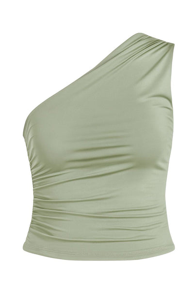 Top asimétrico de fit ajustado, un hombro con plisados, escote diagonal y plisados decorativos laterales.