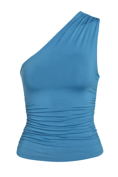 Top asimétrico de fit ajustado, un hombro con plisados, escote diagonal y plisados decorativos laterales.