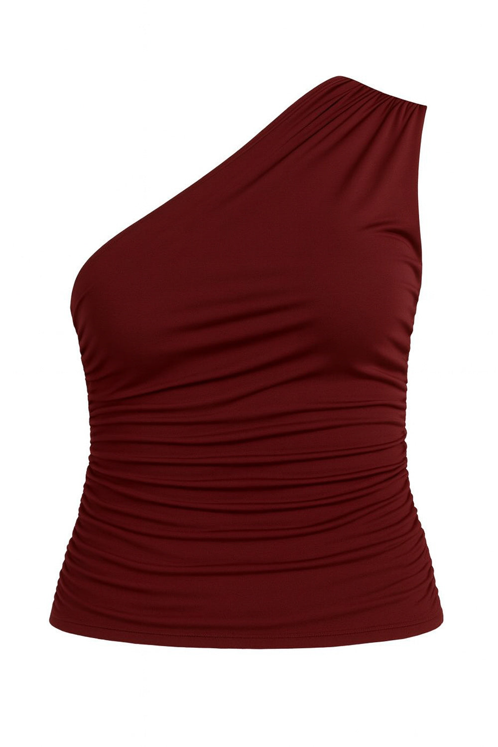 Top asimétrico de fit ajustado, un hombro con plisados, escote diagonal y plisados decorativos laterales.