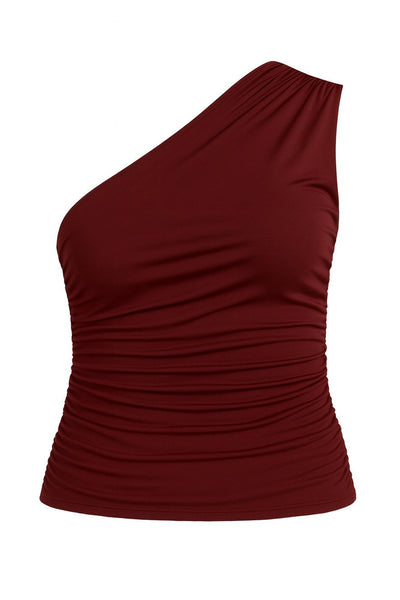 Top asimétrico de fit ajustado, un hombro con plisados, escote diagonal y plisados decorativos laterales.