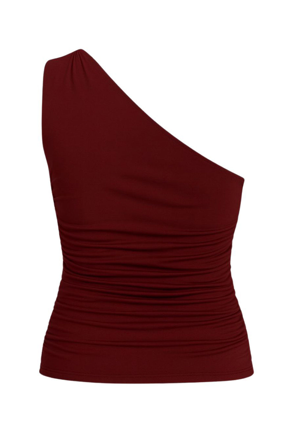 Top asimétrico de fit ajustado, un hombro con plisados, escote diagonal y plisados decorativos laterales.