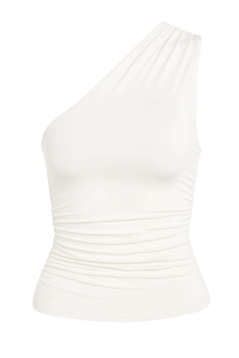 Top asimétrico de fit ajustado, un hombro con plisados, escote diagonal y plisados decorativos laterales.