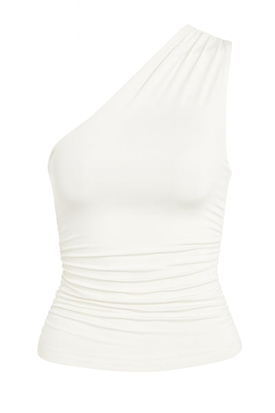 Top asimétrico de fit ajustado, un hombro con plisados, escote diagonal y plisados decorativos laterales.