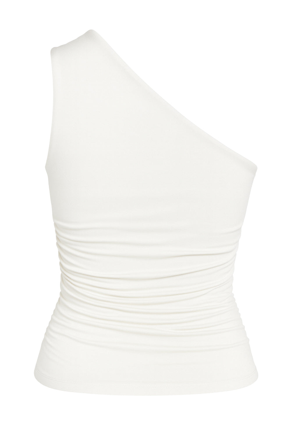 Top asimétrico de fit ajustado, un hombro con plisados, escote diagonal y plisados decorativos laterales.