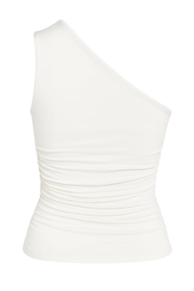 Top asimétrico de fit ajustado, un hombro con plisados, escote diagonal y plisados decorativos laterales.