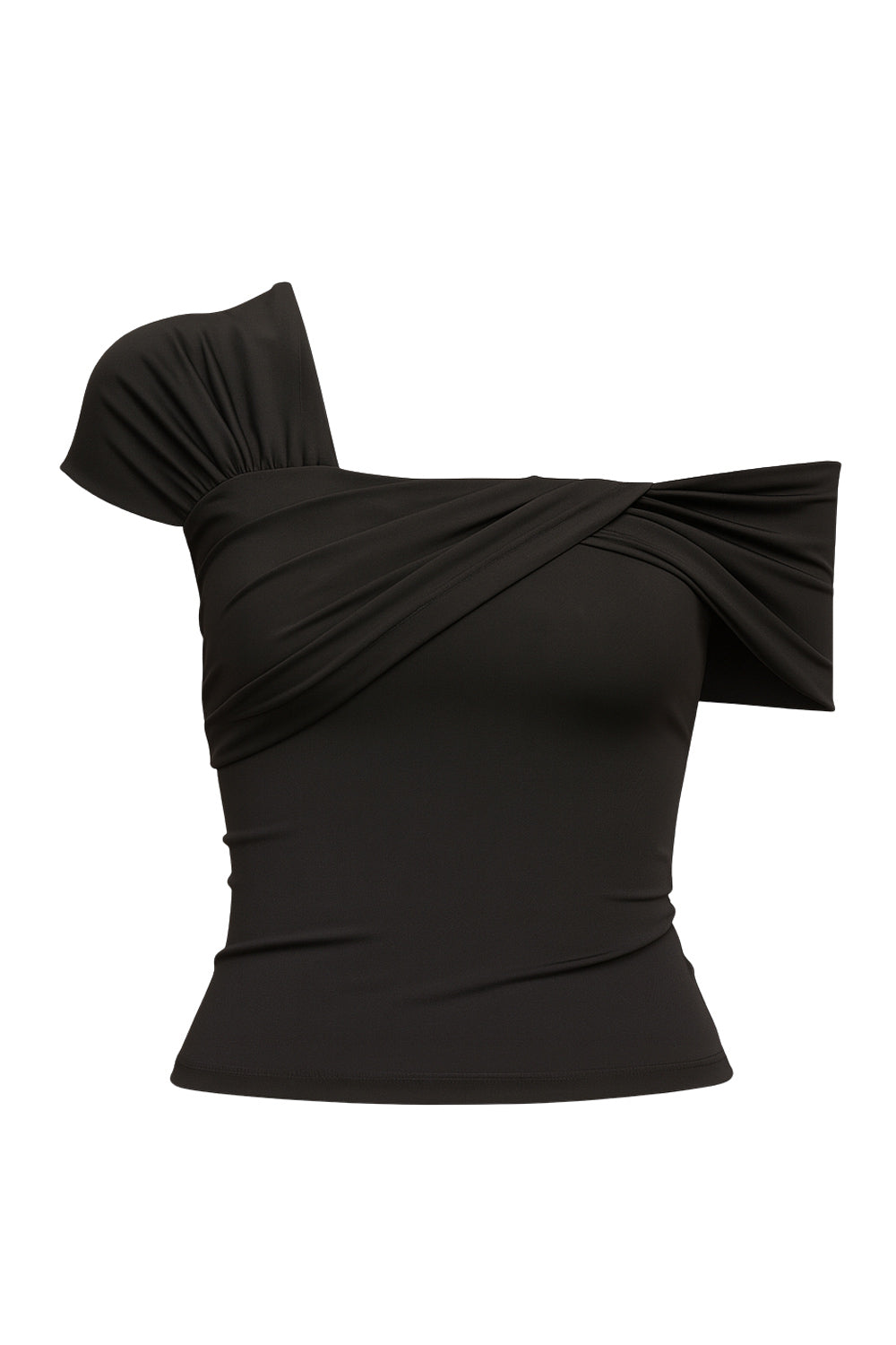 Top de fit ajustado, manga corta, escote asimétrico con hombro descubierto y detalle decorativo frontal con plisados.