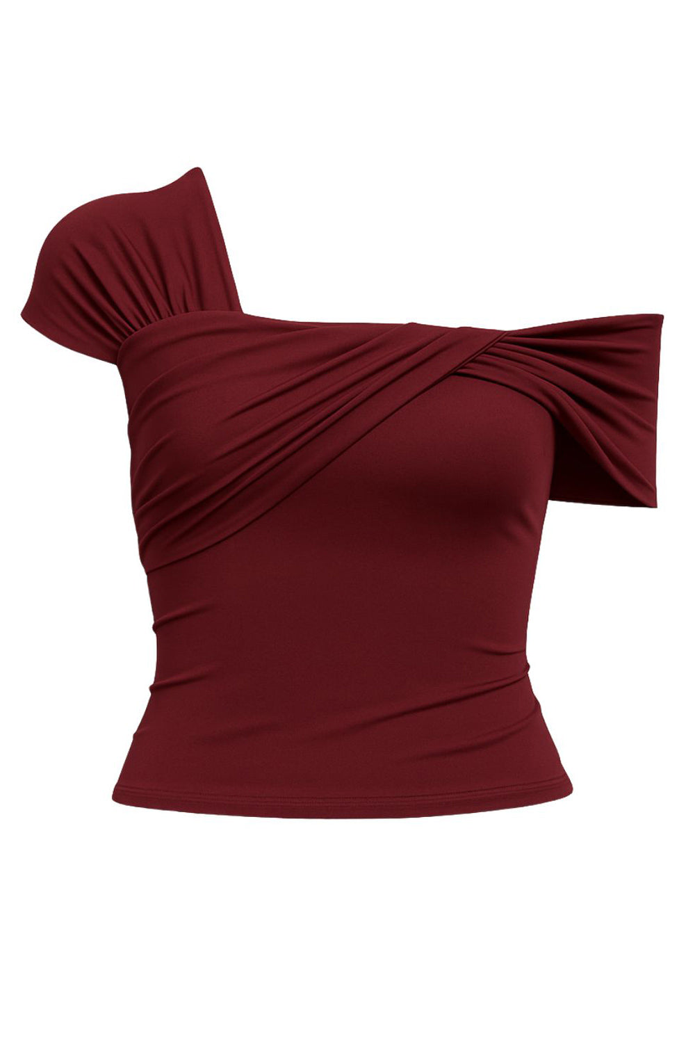 Top de fit ajustado, manga corta, escote asimétrico con hombro descubierto y detalle decorativo frontal con plisados.