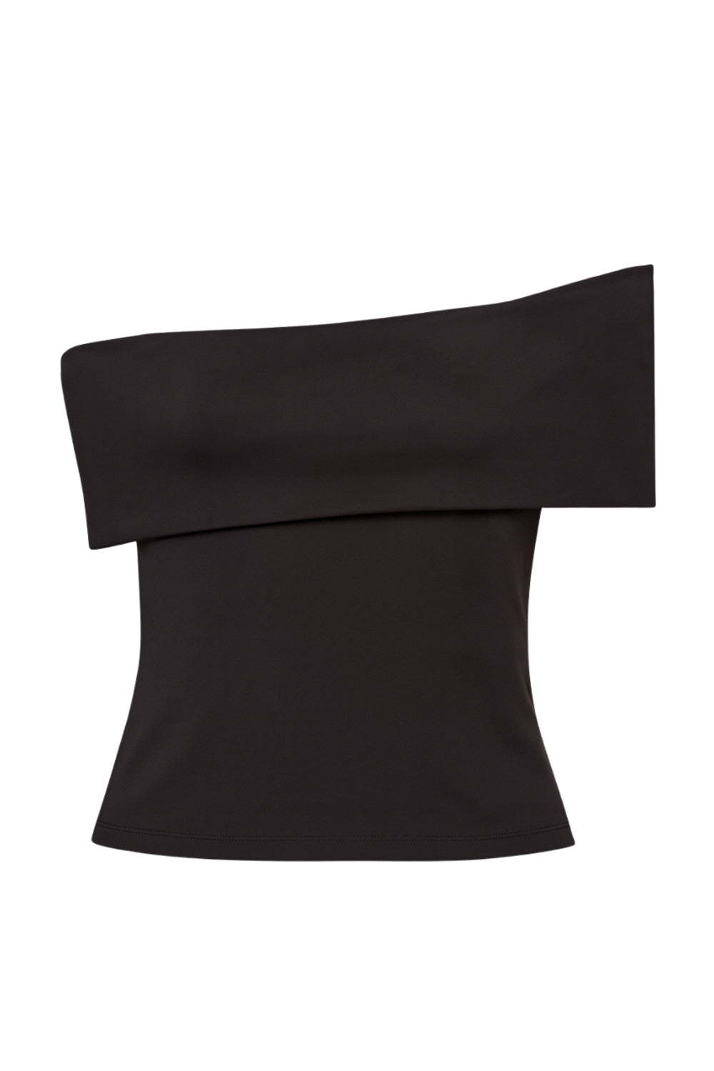 Top de fit ajustado, manga corta, escote asimétrico con hombro descubierto y detalle decorativo frontal con plisados.