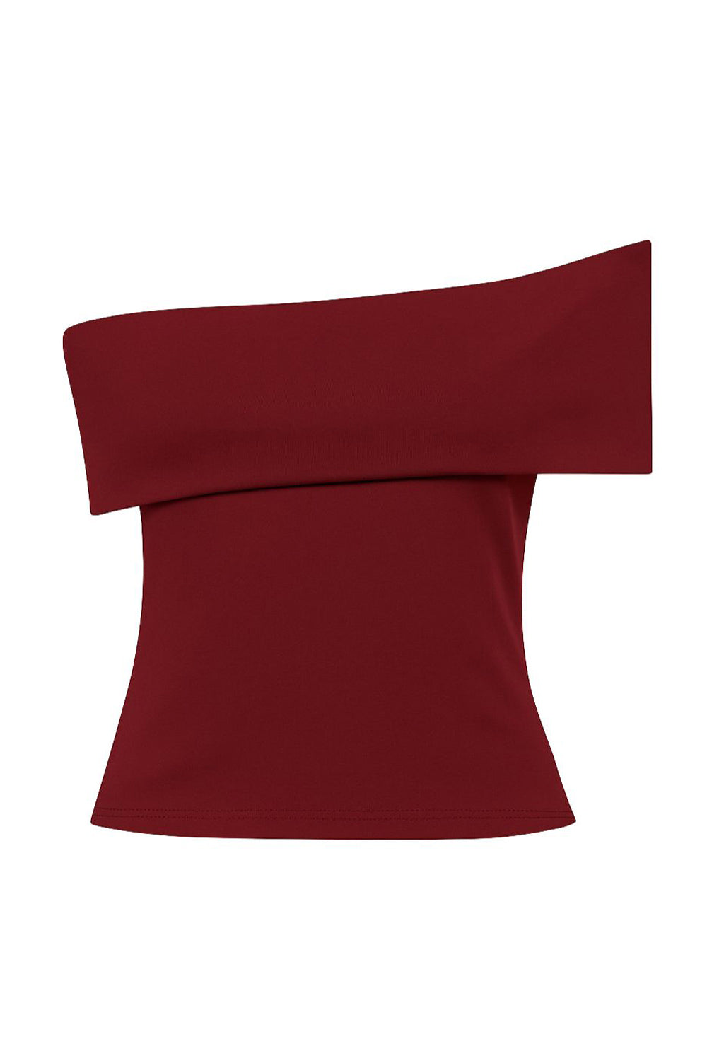 Top de fit ajustado, manga corta, escote asimétrico con hombro descubierto y detalle decorativo frontal con plisados.