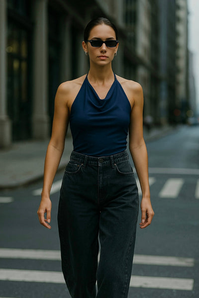 Top corto de cuello halter fluido, sin mangas, fit ajustado y escote en espalda.