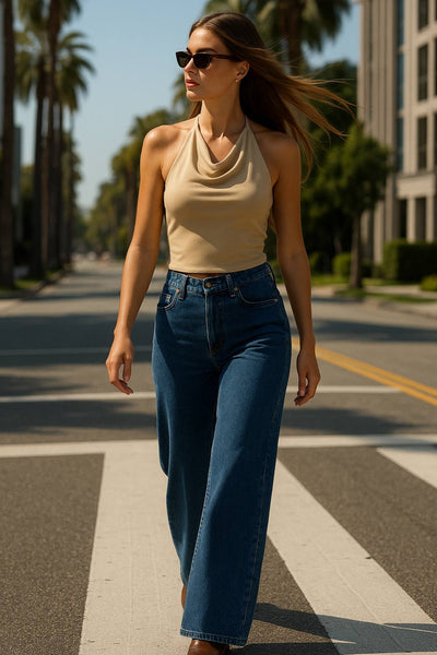 Top corto de cuello halter fluido, sin mangas, fit ajustado y escote en espalda.