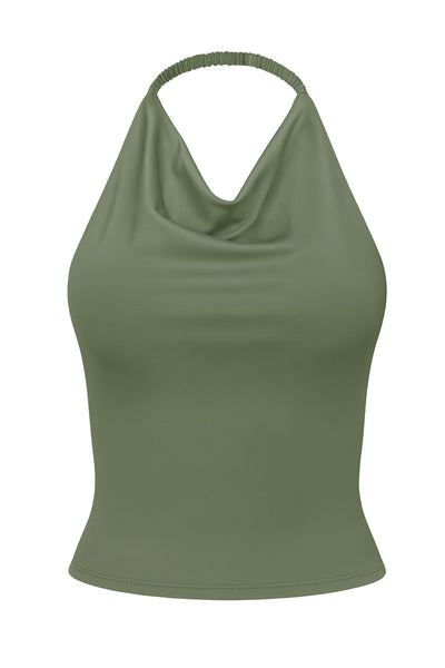 Top corto de cuello halter fluido, sin mangas, fit ajustado y escote en espalda.