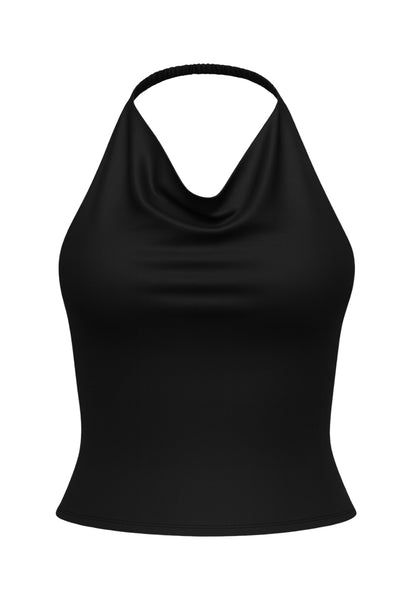 Top corto de cuello halter fluido, sin mangas, fit ajustado y escote en espalda.