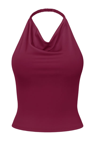 Top corto de cuello halter fluido, sin mangas, fit ajustado y escote en espalda.