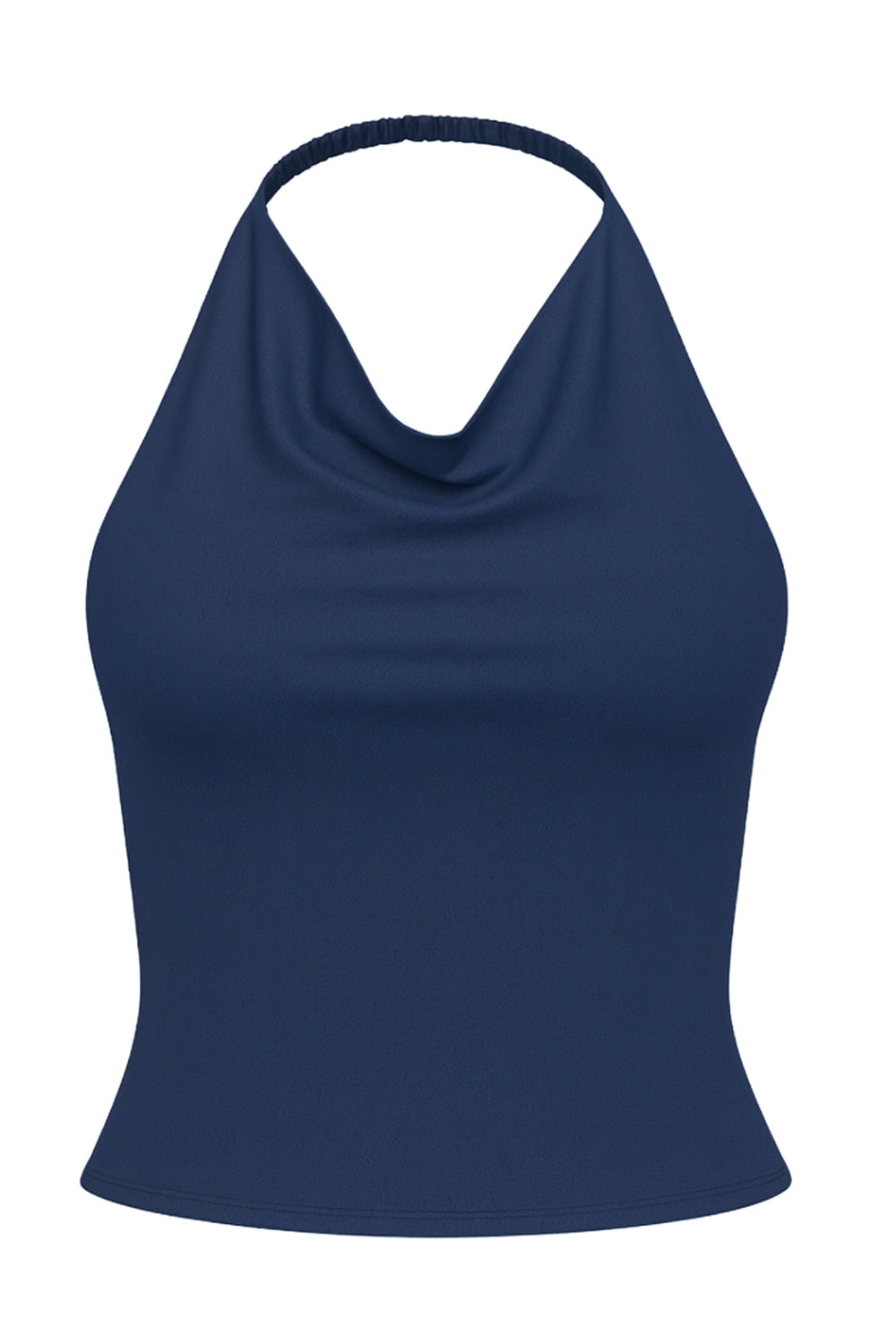 Top corto de cuello halter fluido, sin mangas, fit ajustado y escote en espalda.