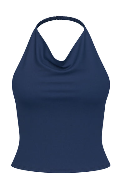 Top corto de cuello halter fluido, sin mangas, fit ajustado y escote en espalda.