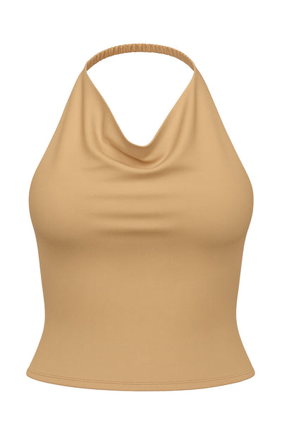 Top corto de cuello halter fluido, sin mangas, fit ajustado y escote en espalda.