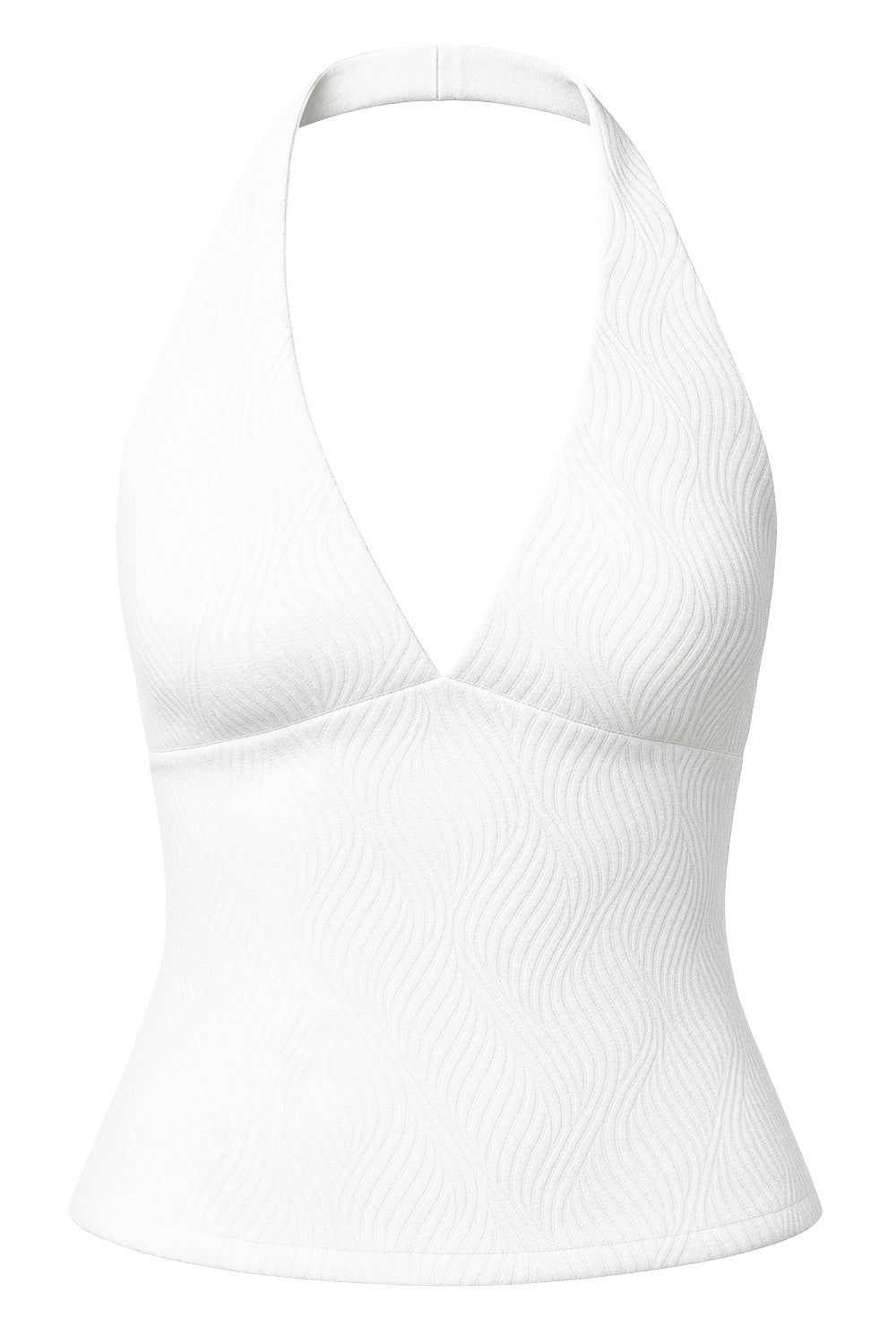 Top ajustado de cuello halter, escote v con cortes frontales, sin mangas y escote en espalda. Detalle de textura en tejido.