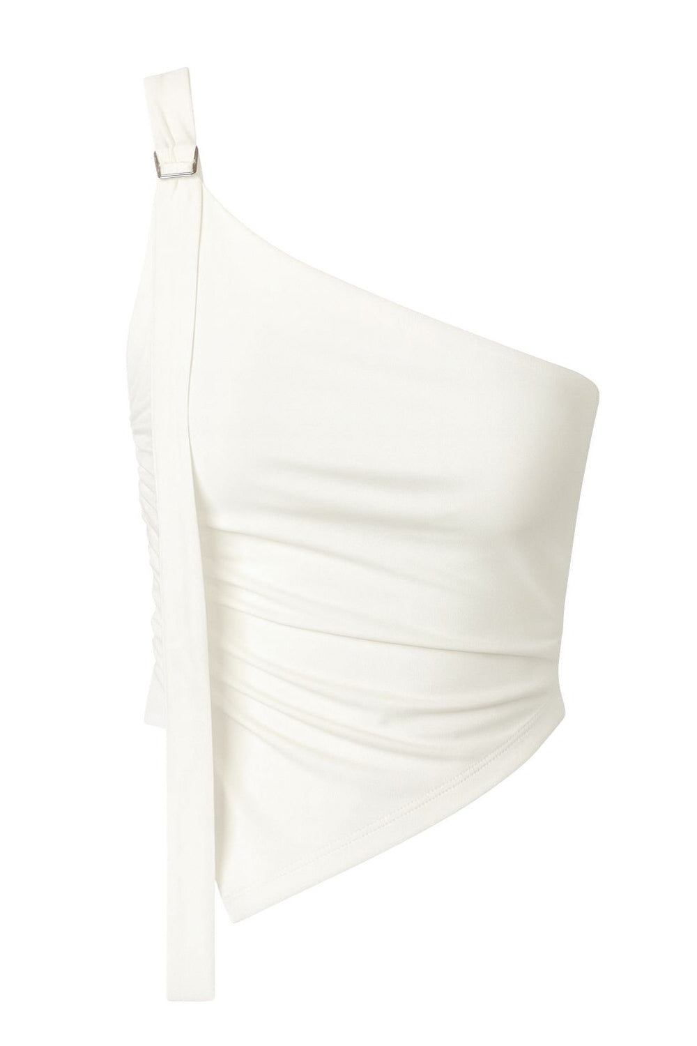 Top corto asimétrico de fit ajustado, un hombro, escote diagonal, tirante ajustable con hebilla en contraste, plisados en costado y bajo frontal asimétrico.